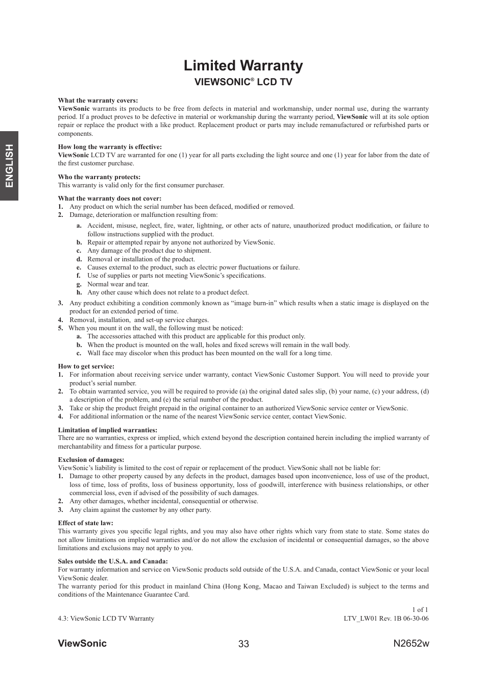 Limited warranty, Viewsonic, Lcd tv | VIEWSONIC VS11620-1M User Manual | Page 35 / 36