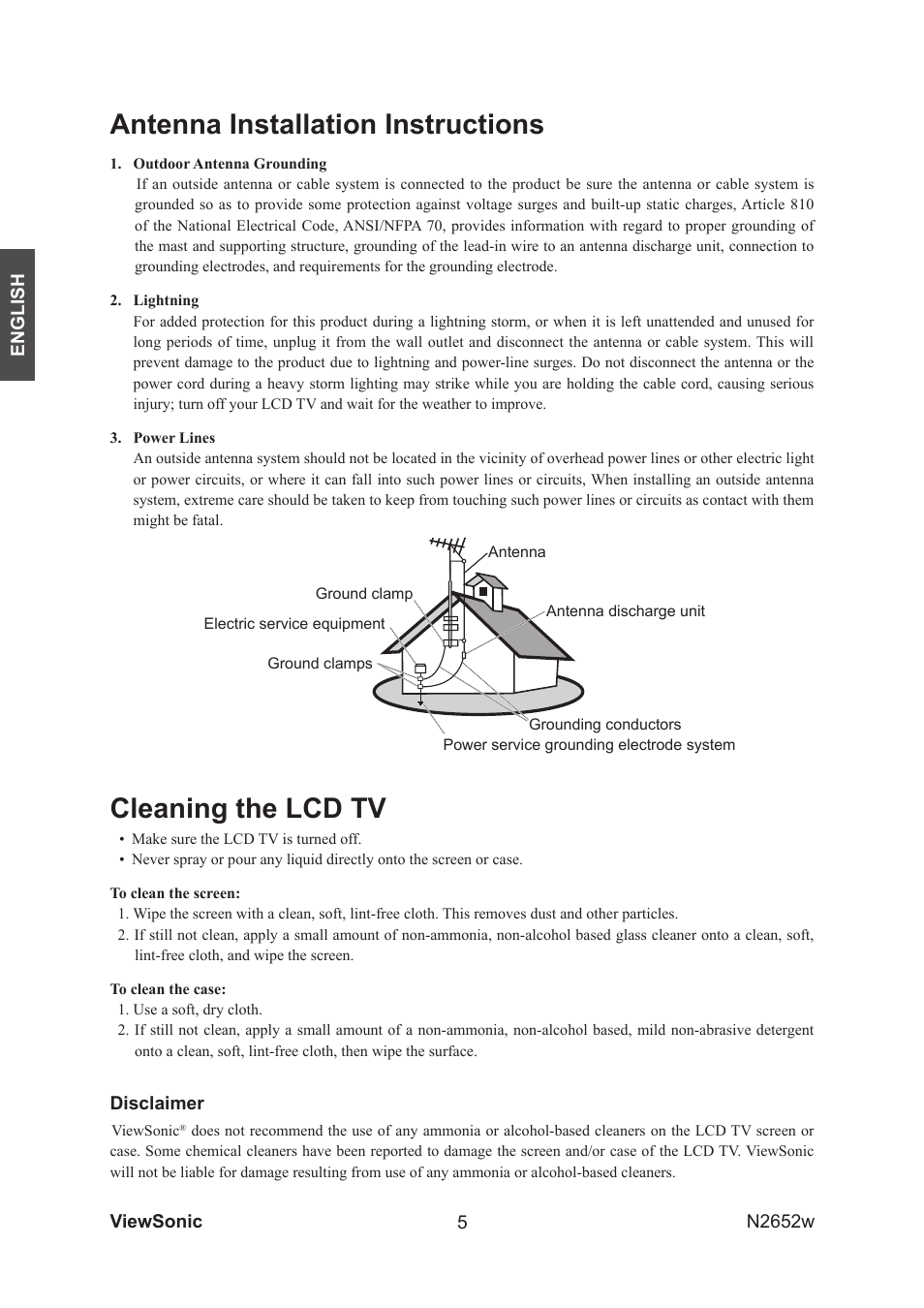 Antenna installation instructions, Cleaning the lcd tv | VIEWSONIC VS11620-1M User Manual | Page 7 / 36