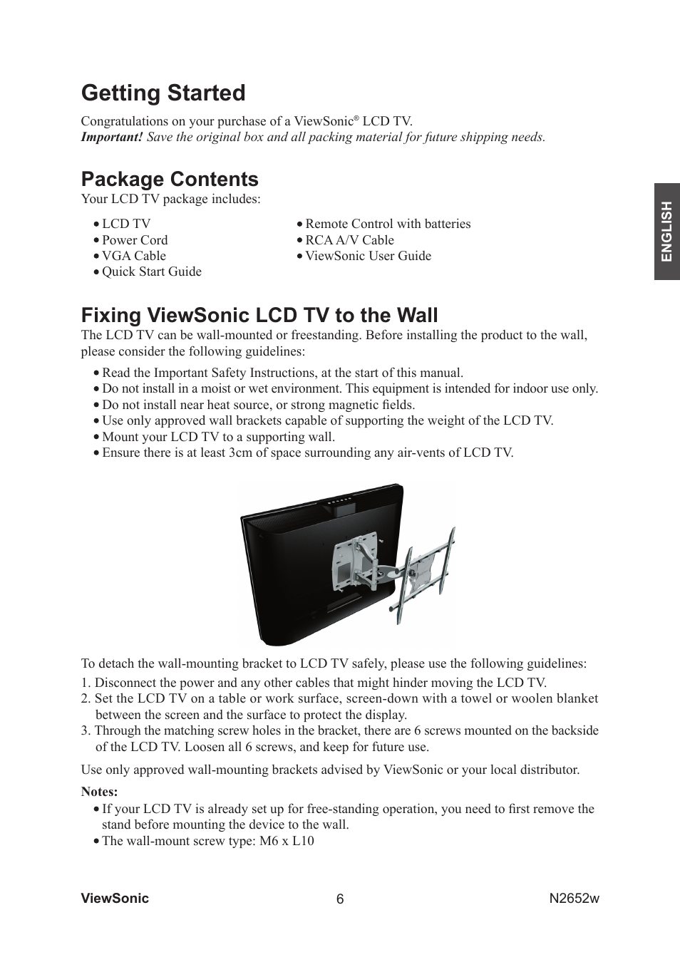 Getting started, Package contents, Fixing viewsonic lcd tv to the wall | VIEWSONIC VS11620-1M User Manual | Page 8 / 36