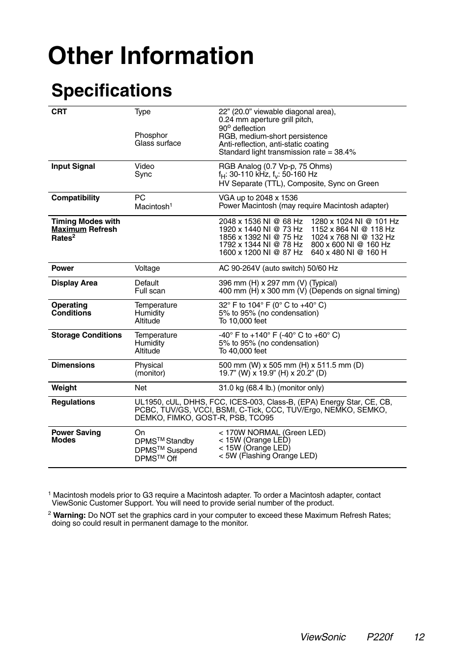 Other information, Specifications | VIEWSONIC P220f User Manual | Page 13 / 20