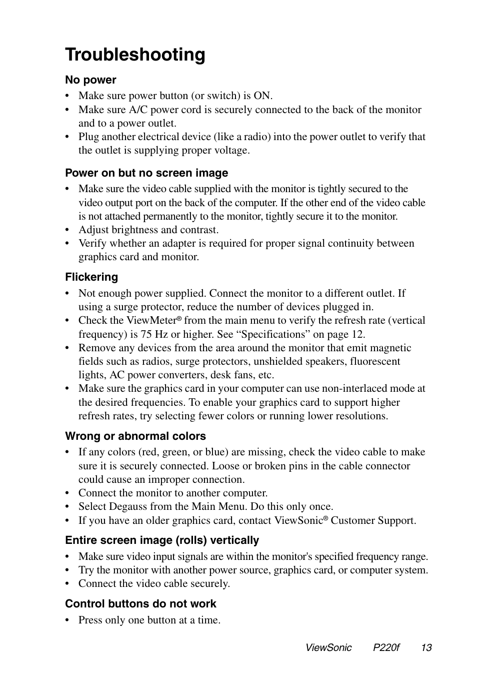 Troubleshooting | VIEWSONIC P220f User Manual | Page 14 / 20