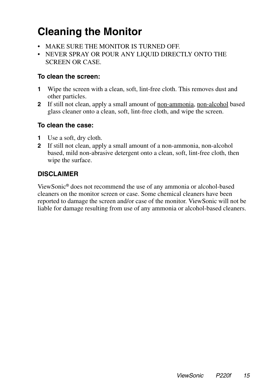 Cleaning the monitor | VIEWSONIC P220f User Manual | Page 16 / 20