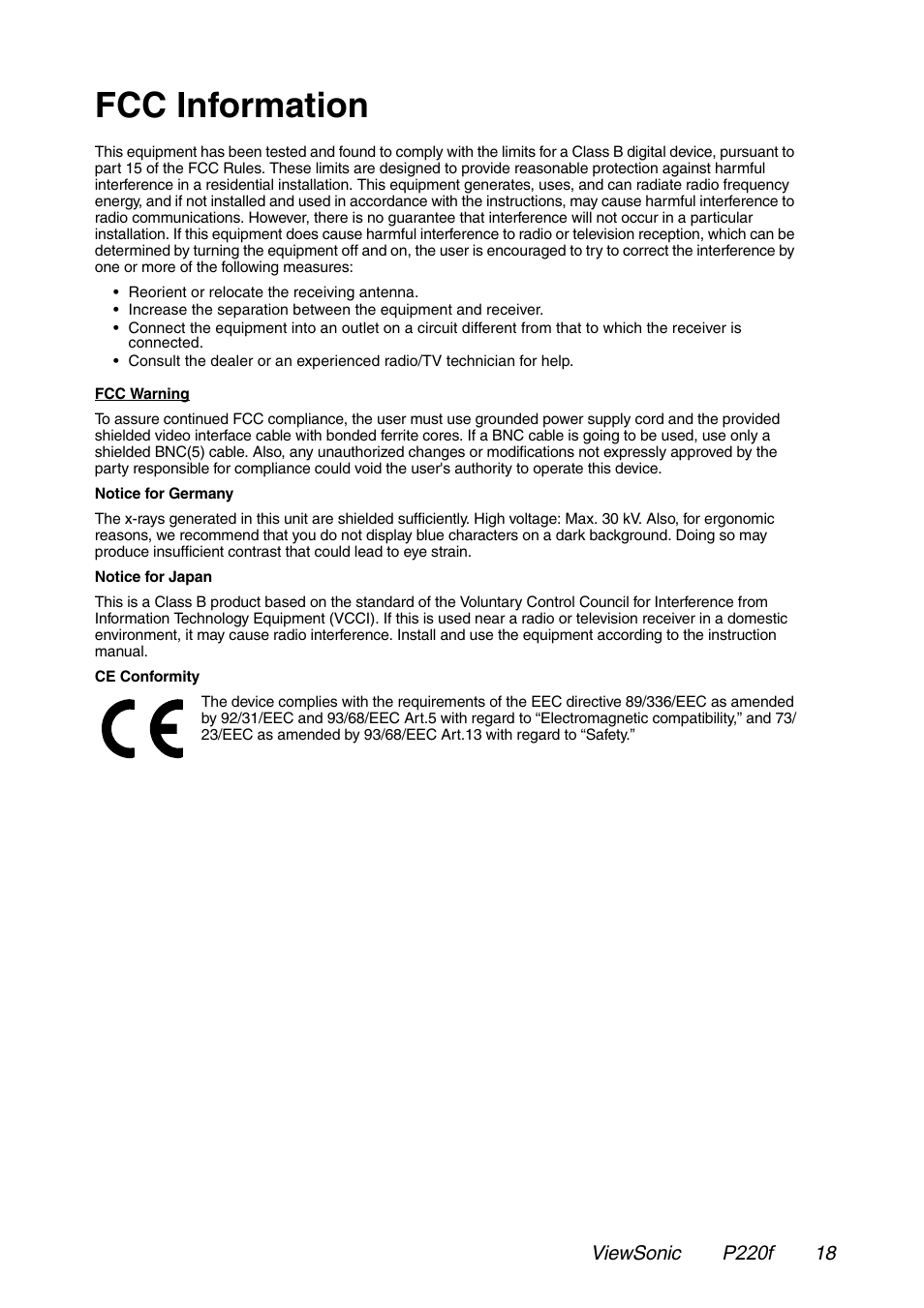 Fcc information | VIEWSONIC P220f User Manual | Page 19 / 20