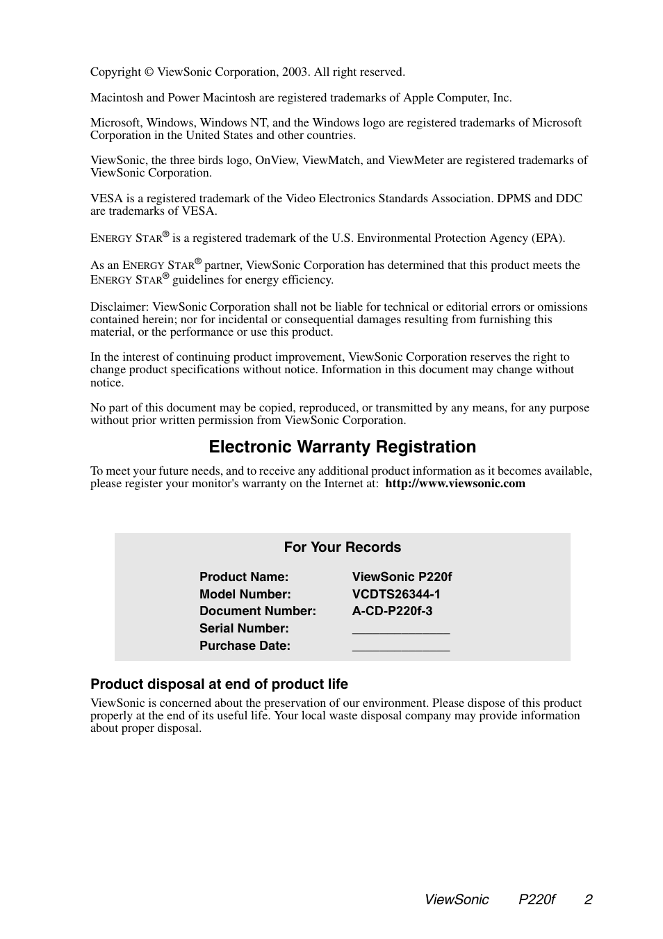 Electronic warranty registration | VIEWSONIC P220f User Manual | Page 3 / 20