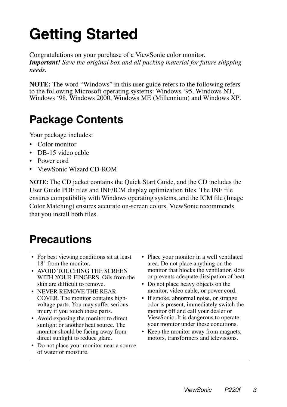 Getting started, Package contents, Precautions | VIEWSONIC P220f User Manual | Page 4 / 20