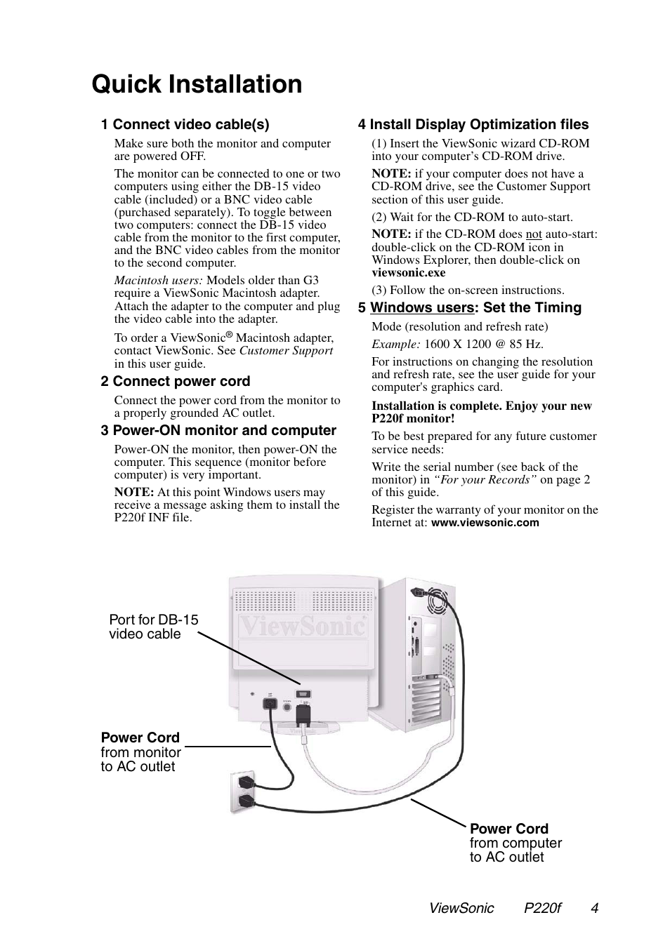 Quick installation | VIEWSONIC P220f User Manual | Page 5 / 20