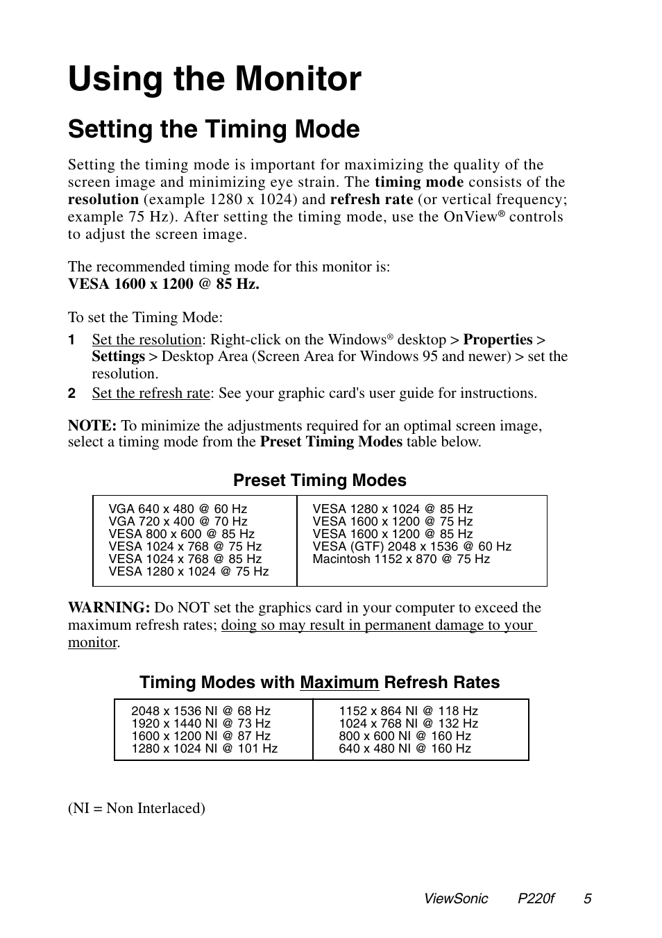 Using the monitor, Setting the timing mode | VIEWSONIC P220f User Manual | Page 6 / 20