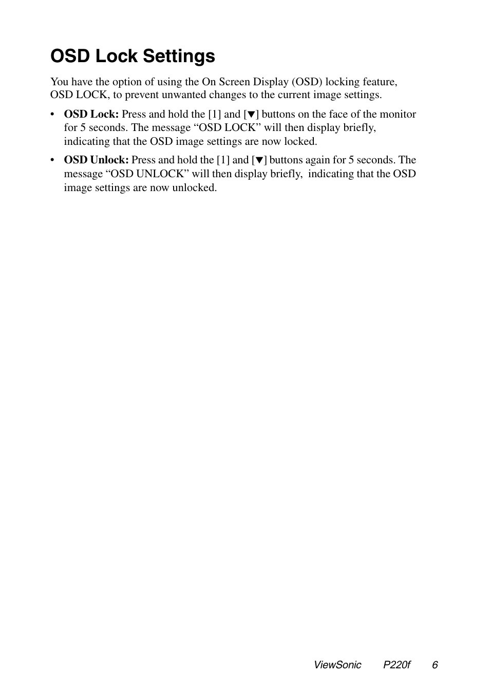 Osd lock settings | VIEWSONIC P220f User Manual | Page 7 / 20