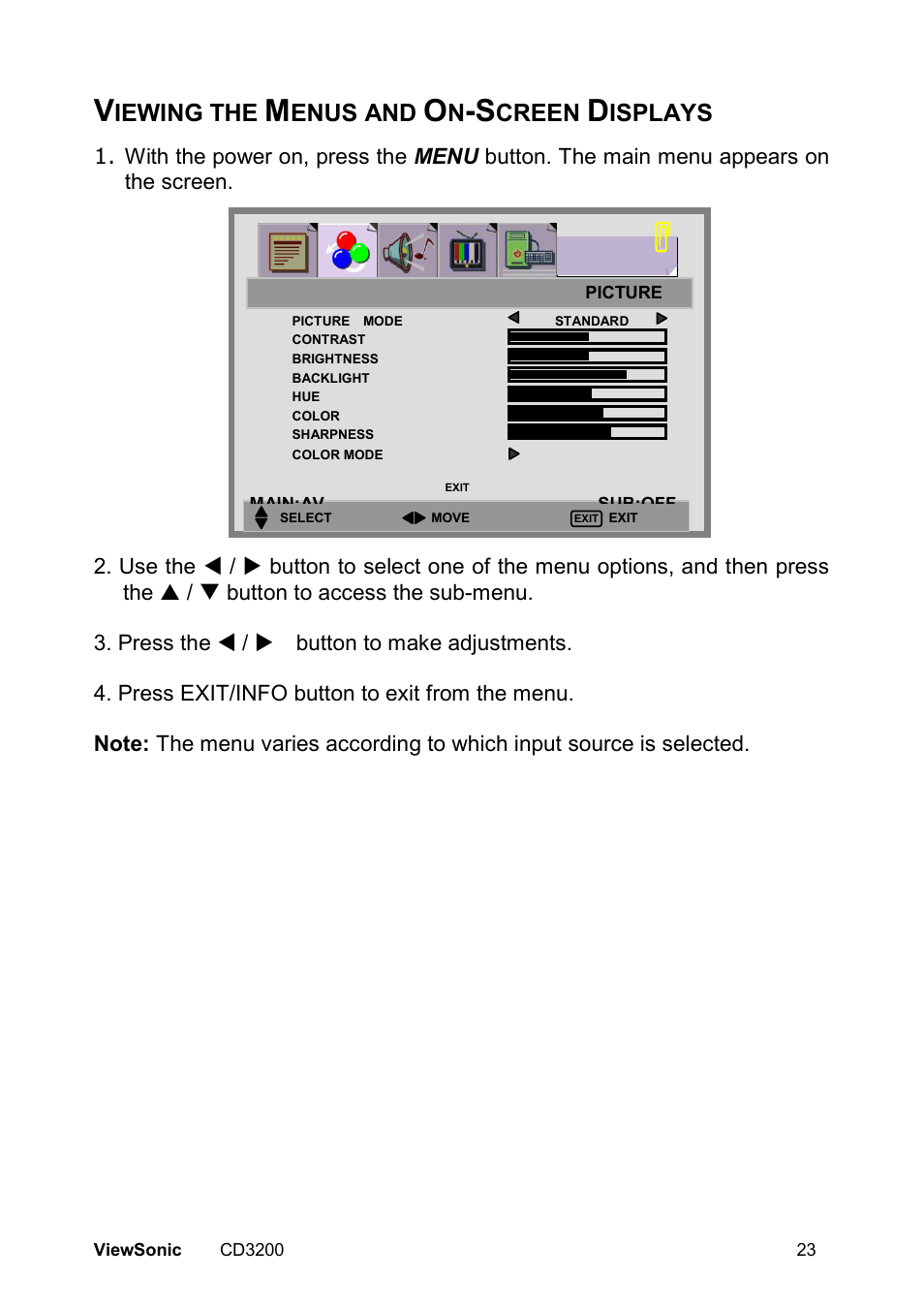 Iewing the, Enus and, Creen | Isplays | VIEWSONIC VS11857 User Manual | Page 26 / 66