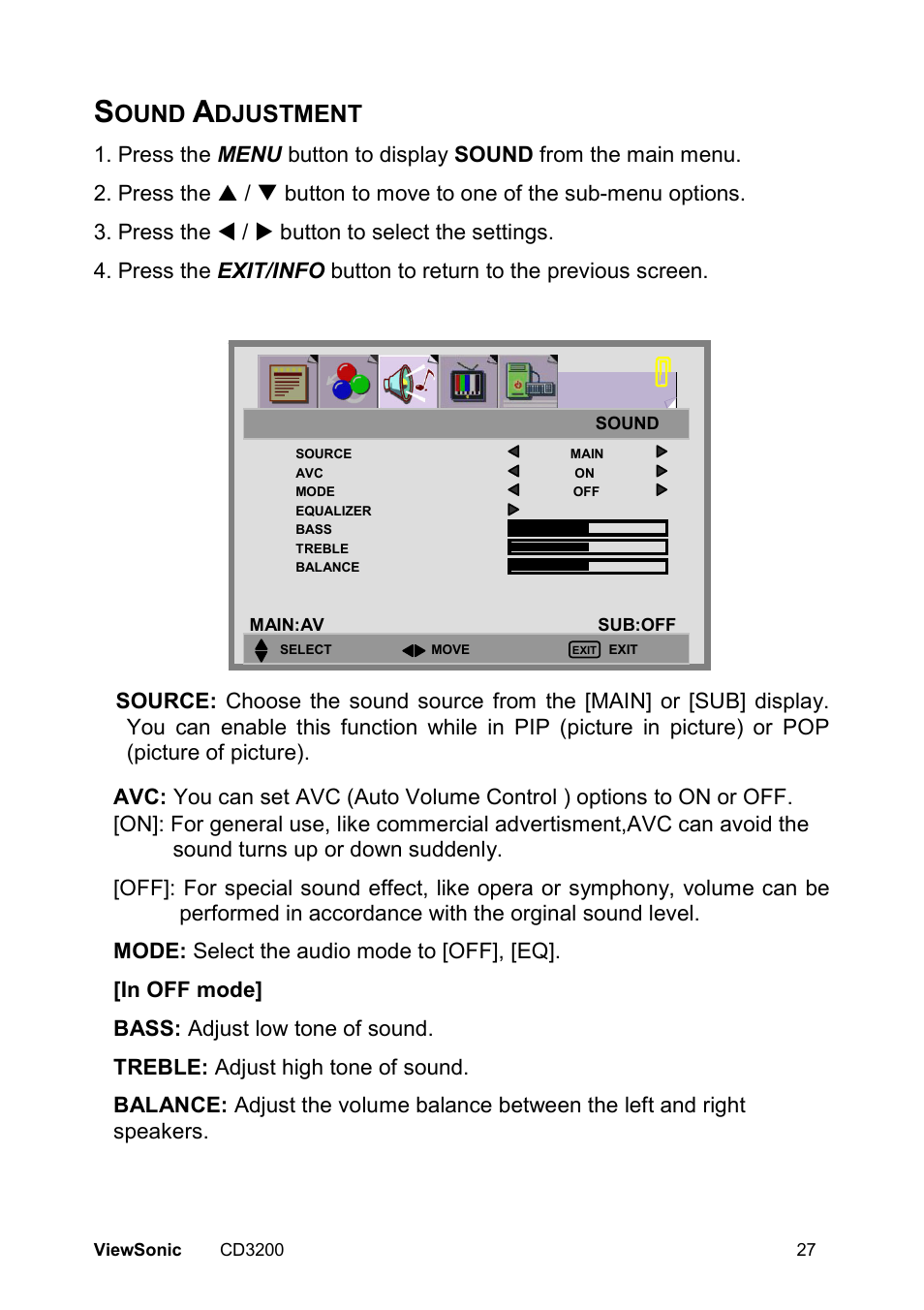 Ound, Djustment | VIEWSONIC VS11857 User Manual | Page 30 / 66