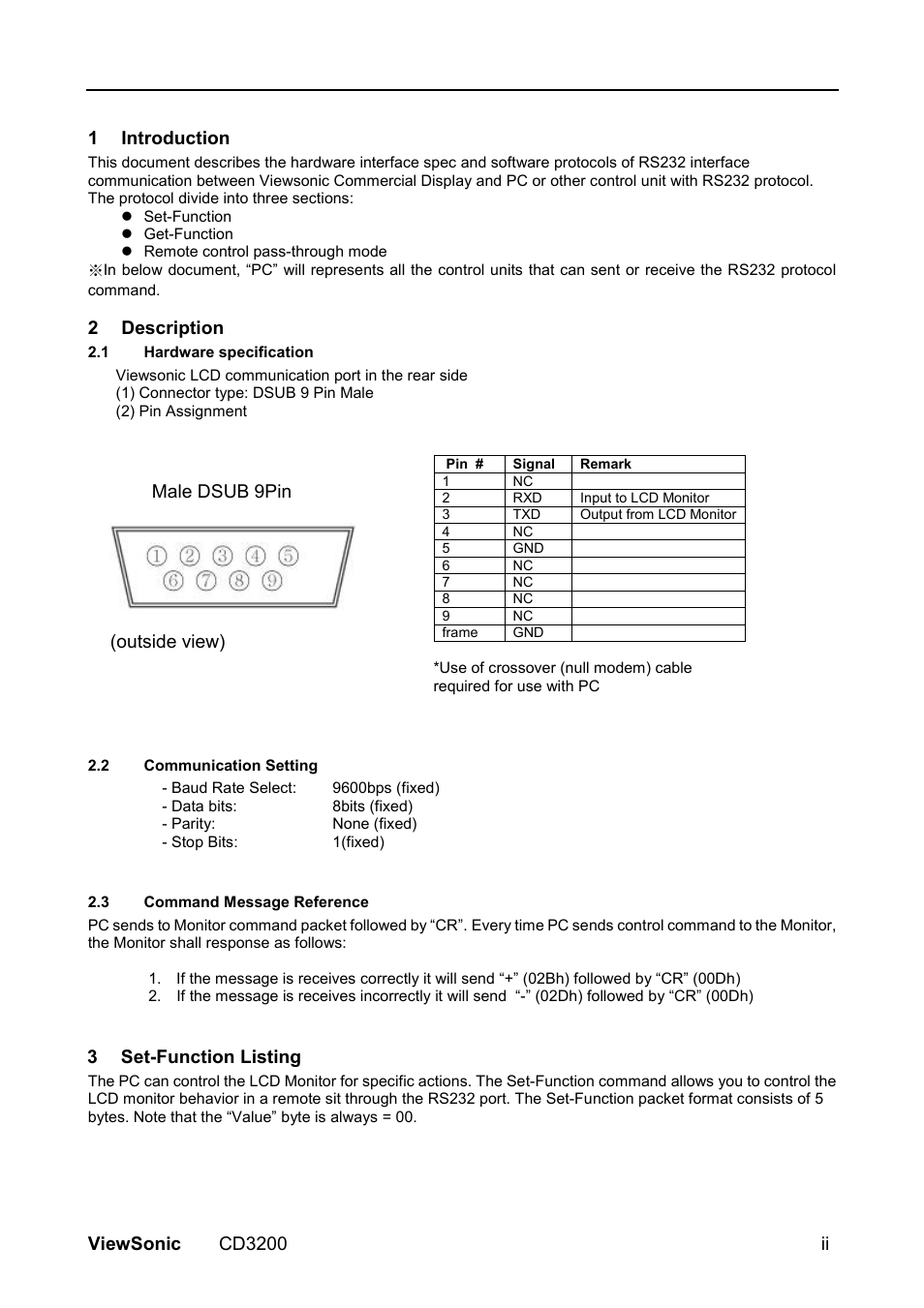 Viewsonic cd3200 ii, 1 introduction, 2 description | Male dsub 9pin (outside view), 3 set-function listing | VIEWSONIC VS11857 User Manual | Page 52 / 66