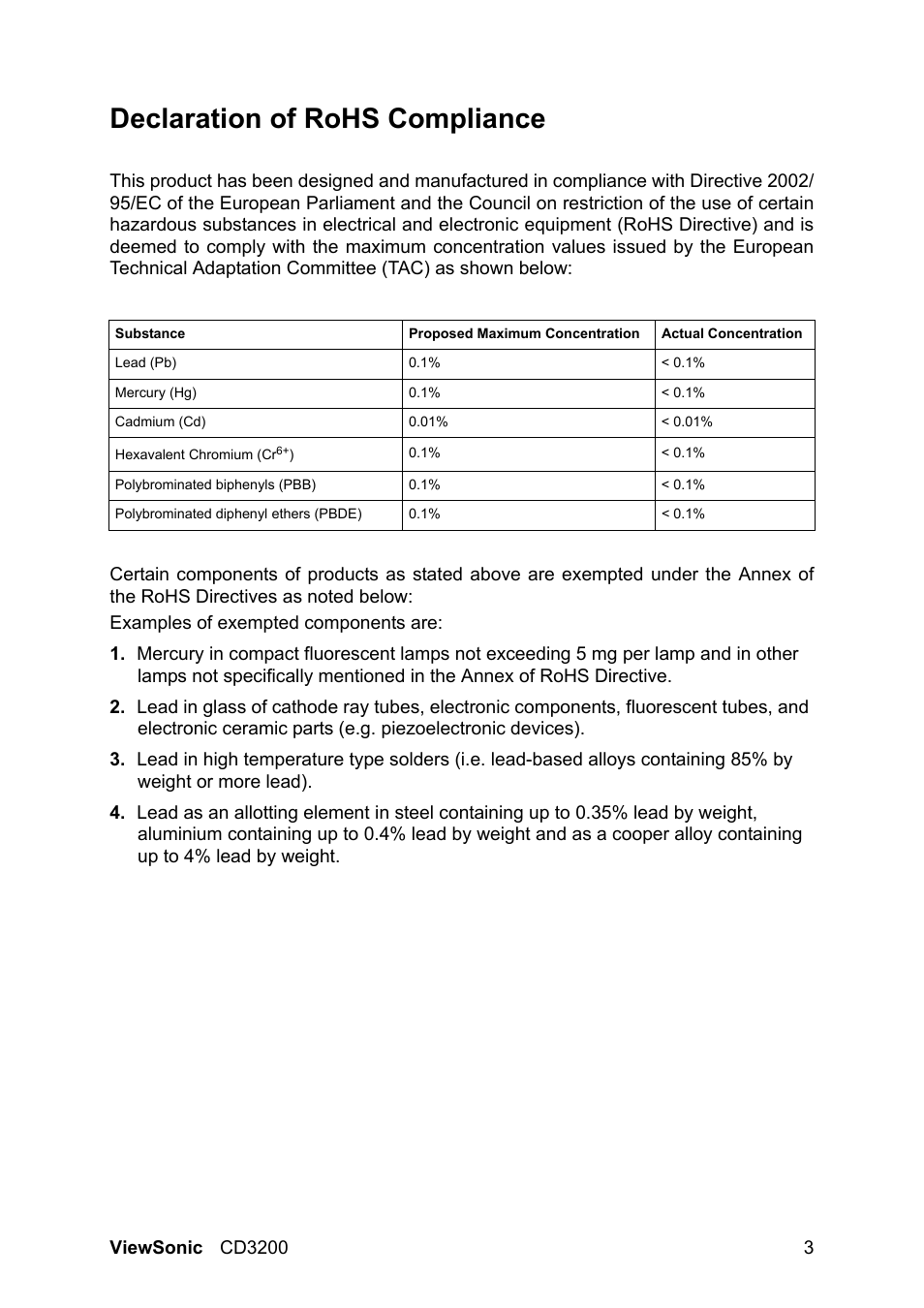 Declaration of rohs compliance | VIEWSONIC VS11857 User Manual | Page 6 / 66