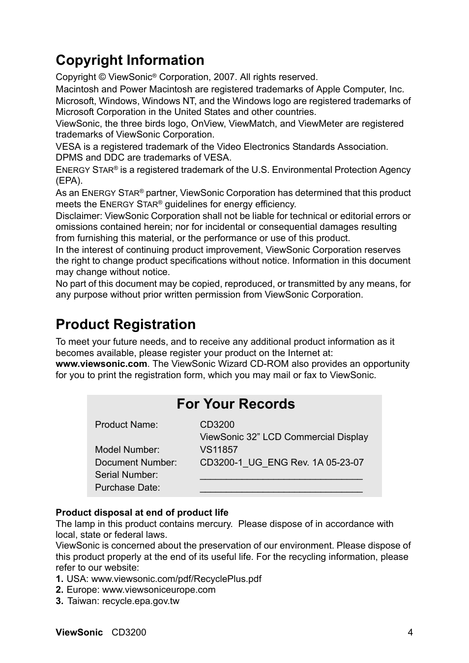 Copyright information, Product registration, For your records | VIEWSONIC VS11857 User Manual | Page 7 / 66