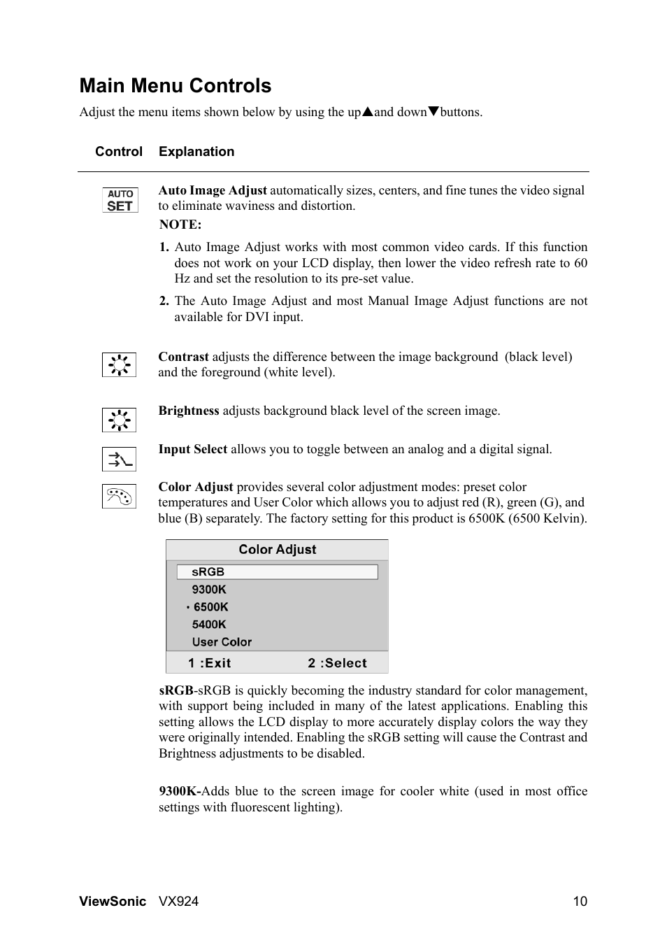 Main menu controls | VIEWSONIC VX924 User Manual | Page 12 / 21