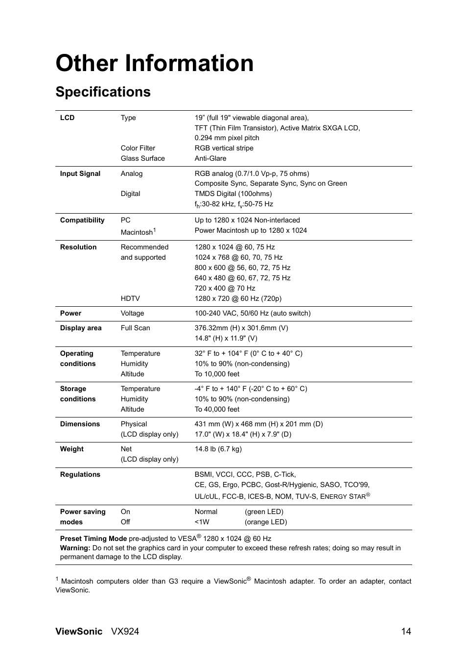 Other information, Specifications | VIEWSONIC VX924 User Manual | Page 16 / 21
