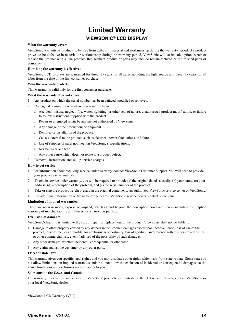 Limited warranty, Viewsonic, Lcd display | VIEWSONIC VX924 User Manual | Page 20 / 21