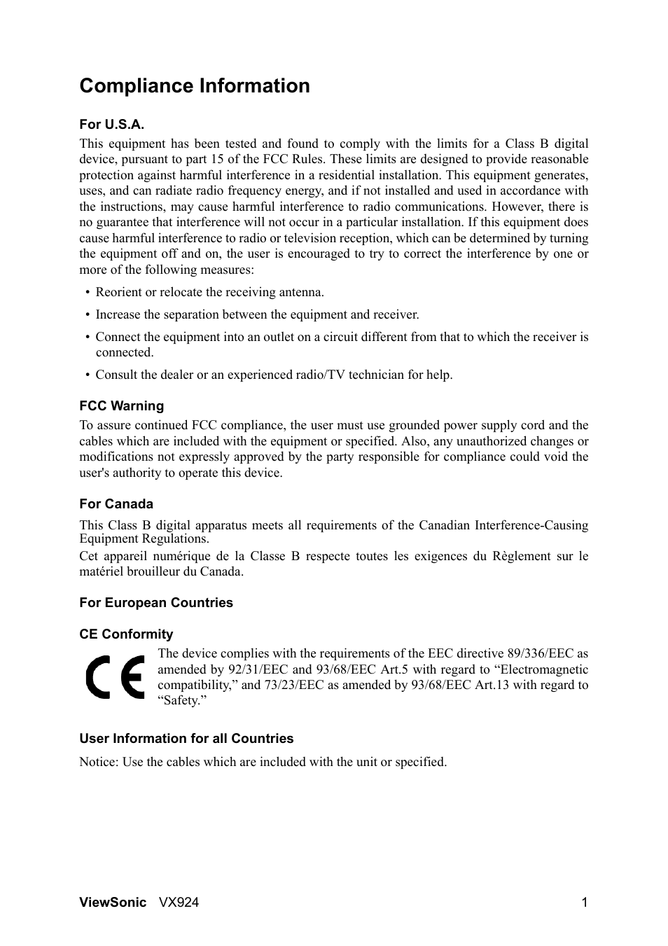 Compliance information | VIEWSONIC VX924 User Manual | Page 3 / 21