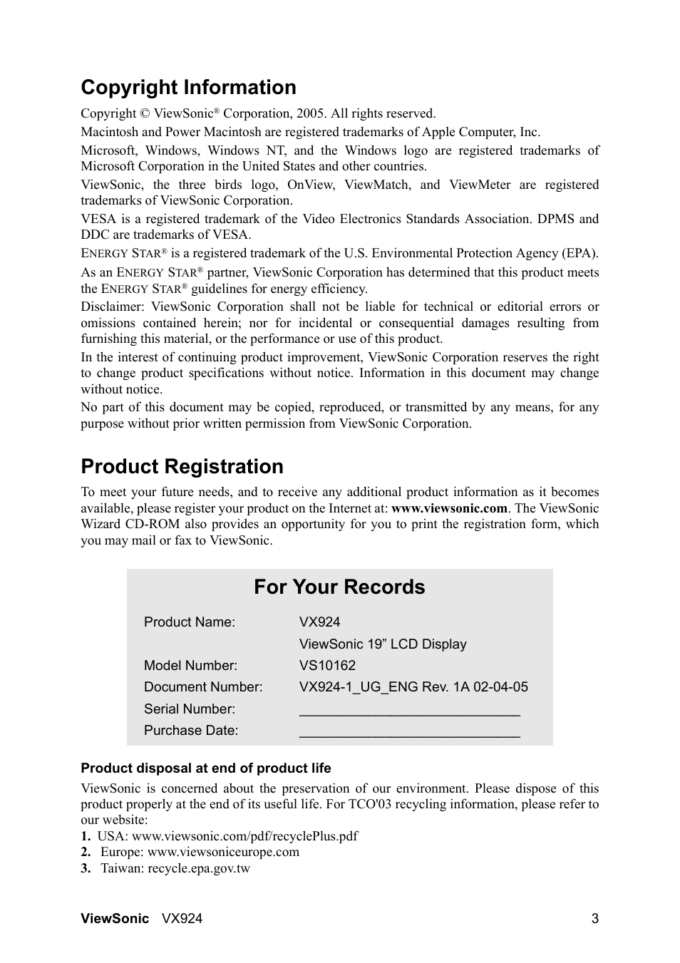 Copyright information, Product registration, For your records | VIEWSONIC VX924 User Manual | Page 5 / 21