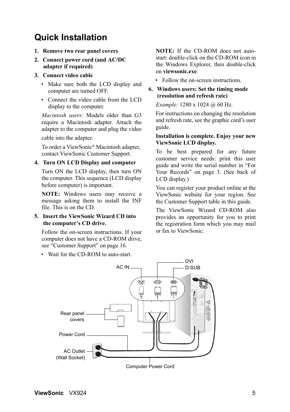 Quick installation | VIEWSONIC VX924 User Manual | Page 7 / 21