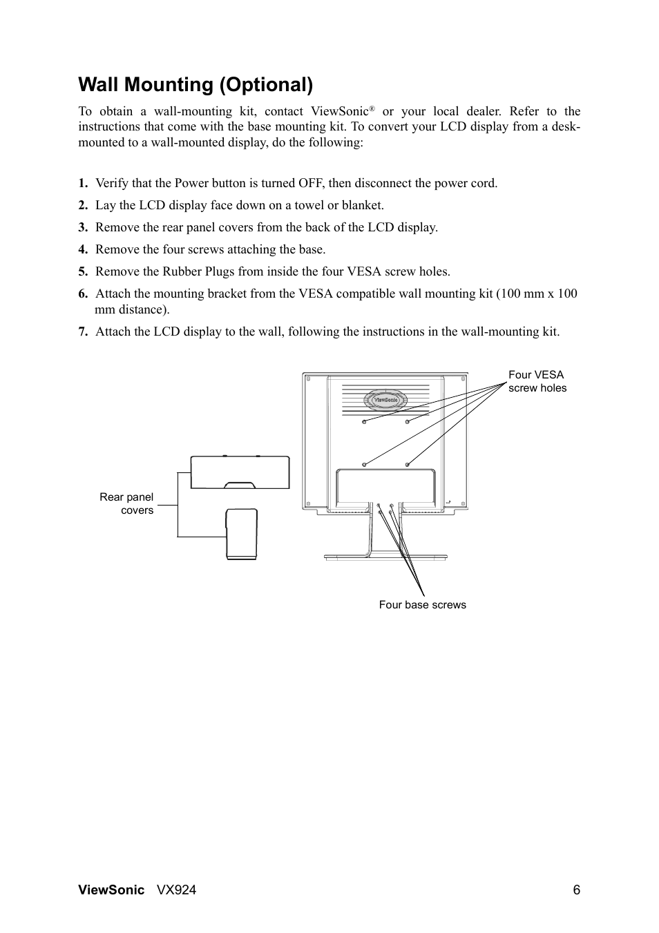 Wall mounting (optional) | VIEWSONIC VX924 User Manual | Page 8 / 21