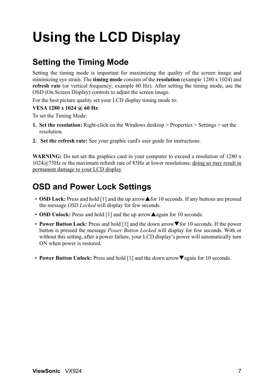 Using the lcd display, Setting the timing mode, Osd and power lock settings | VIEWSONIC VX924 User Manual | Page 9 / 21