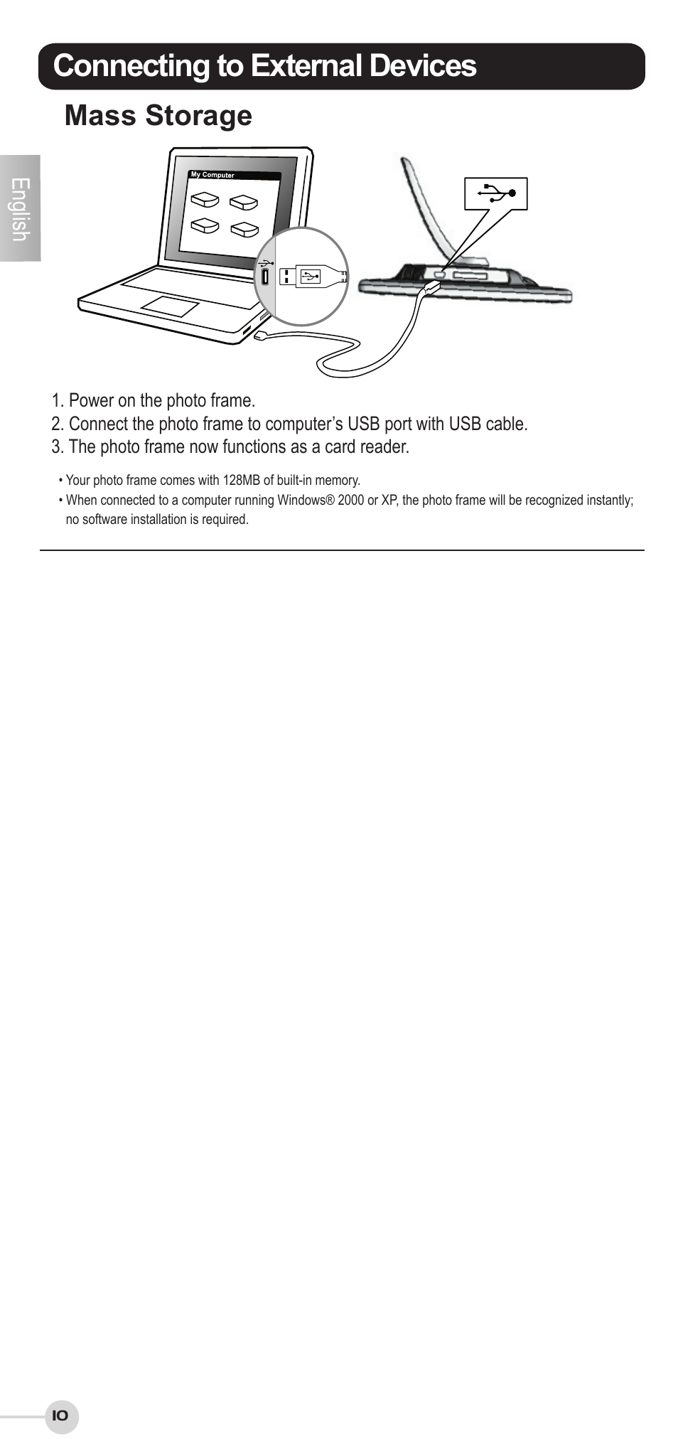 Connecting to external devices, Mass storage, English | VIEWSONIC VS12207 User Manual | Page 10 / 12