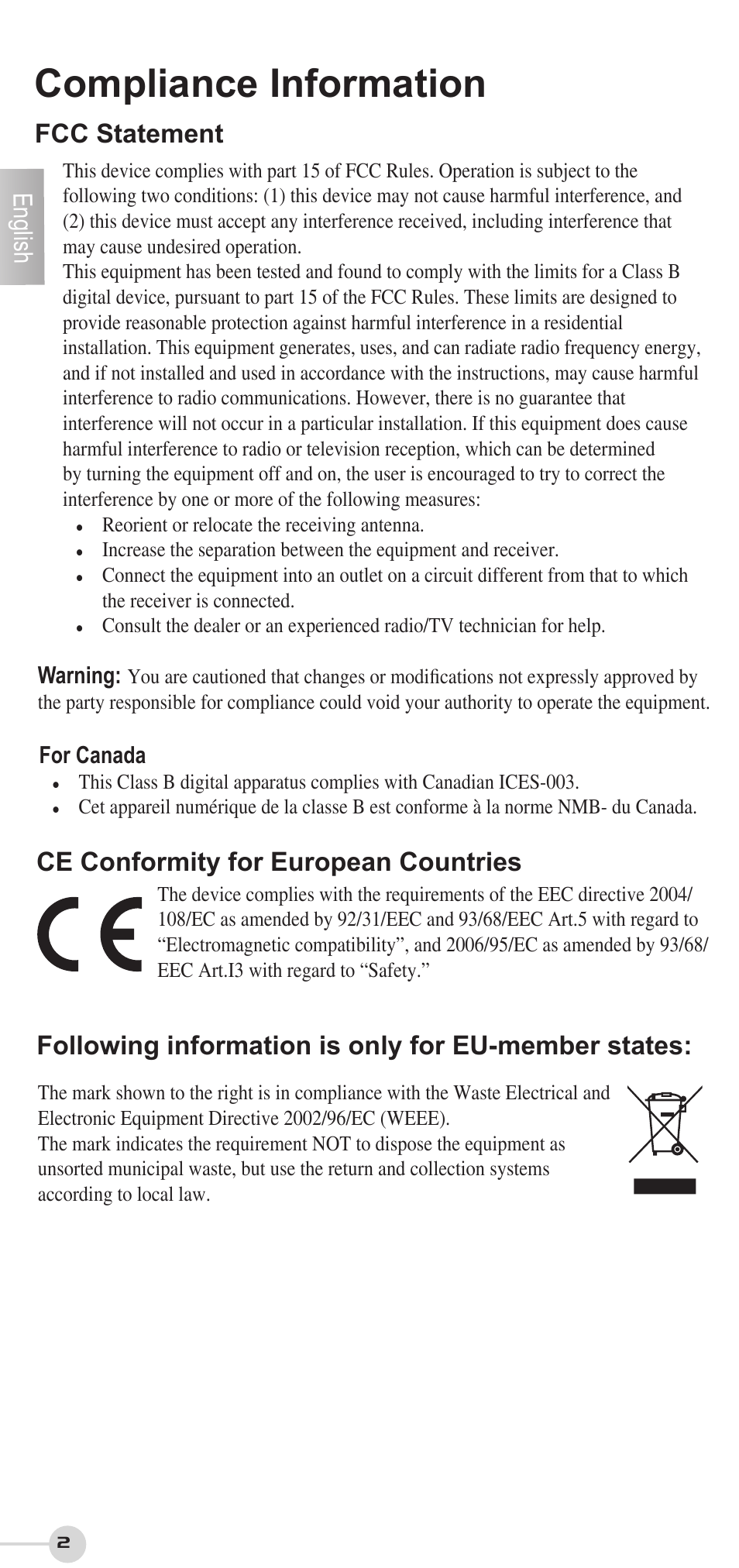 Compliance information, English, Fcc statement | Ce conformity for european countries, Following information is only for eu-member states, Warning, For canada | VIEWSONIC VS12207 User Manual | Page 2 / 12