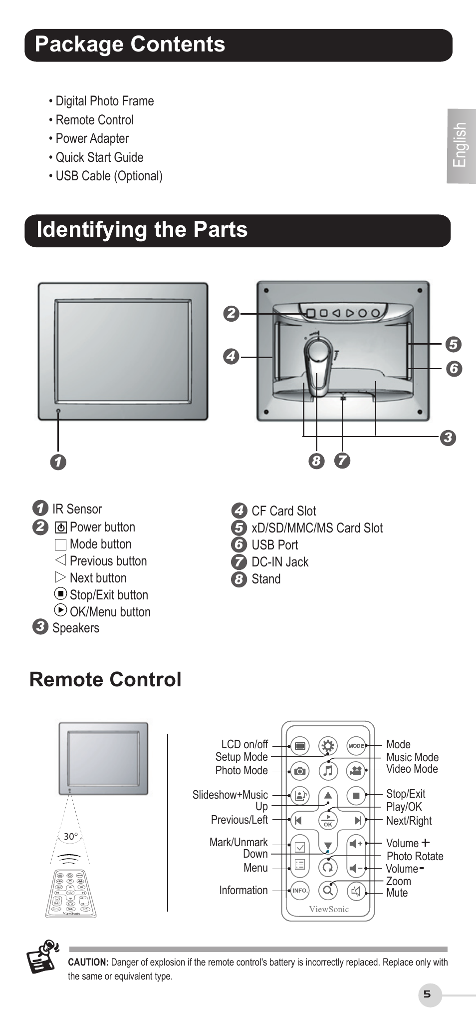 Identifying the parts package contents, Remote control, English | VIEWSONIC VS12207 User Manual | Page 5 / 12