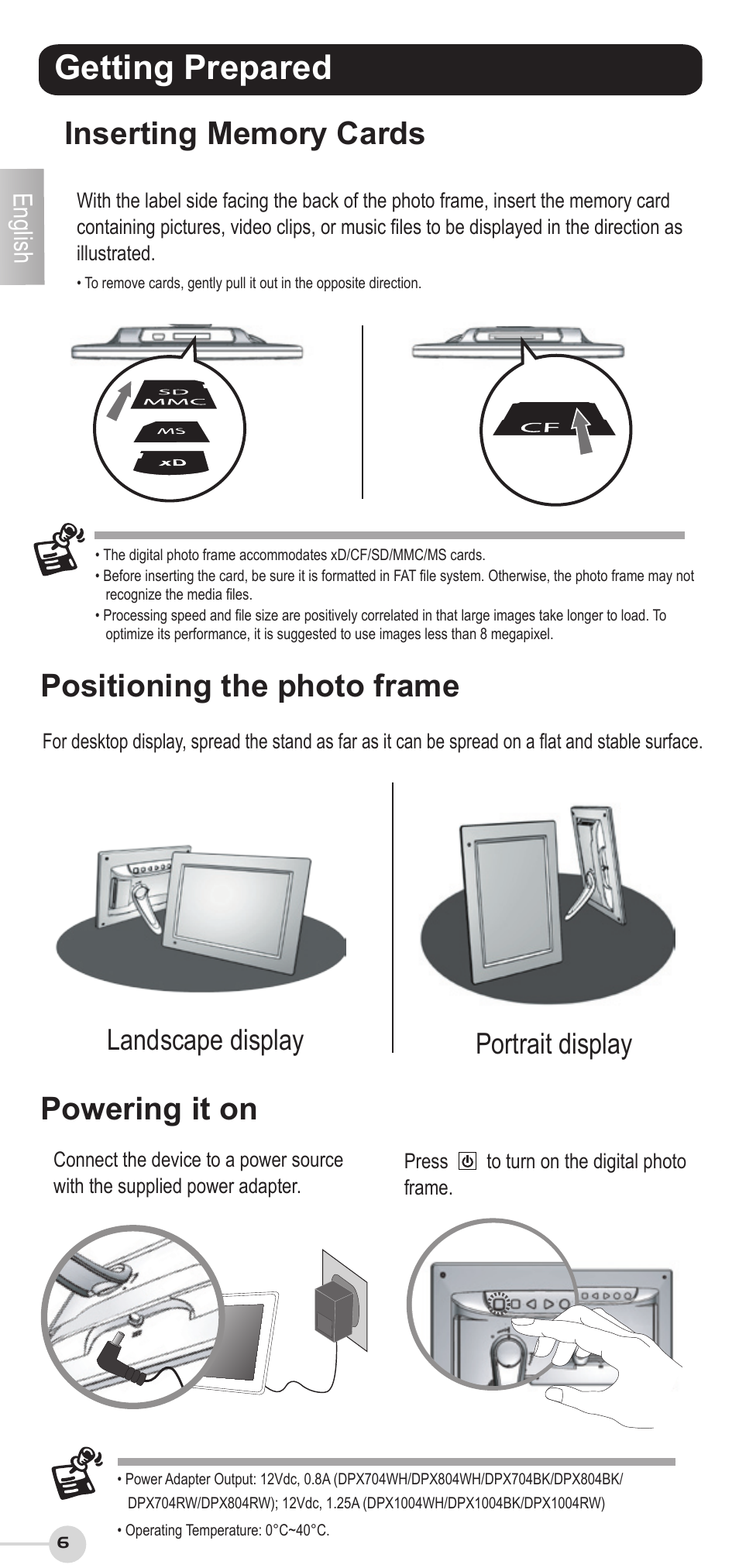 Getting prepared, Powering it on, Positioning the photo frame | Landscape display, Portrait display, English | VIEWSONIC VS12207 User Manual | Page 6 / 12