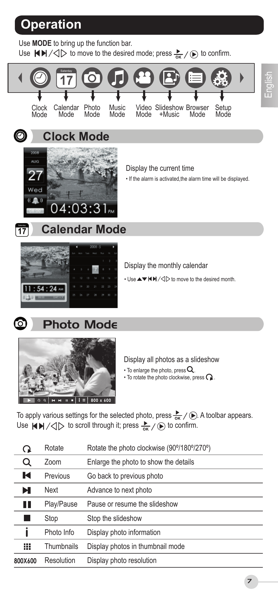 Ioperation, Clock mode, Photo mode | Calendar mode, English | VIEWSONIC VS12207 User Manual | Page 7 / 12