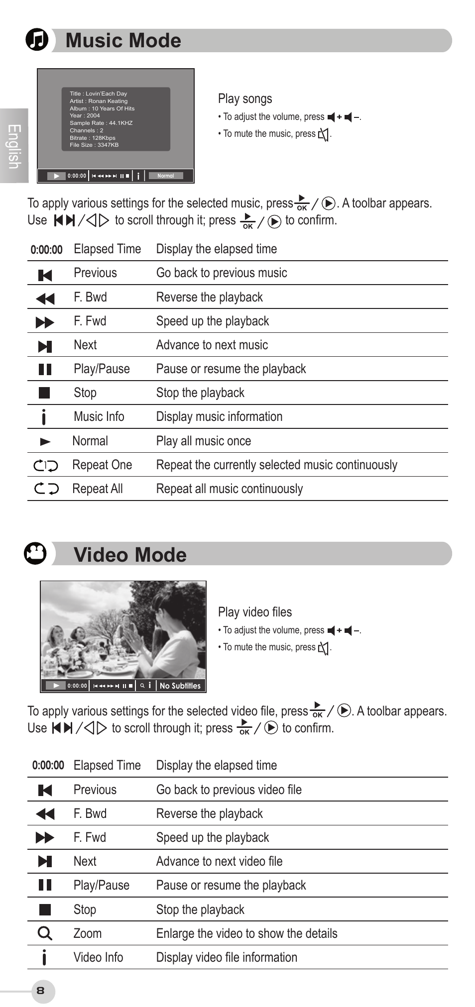 Music mode, Video mode, English | VIEWSONIC VS12207 User Manual | Page 8 / 12