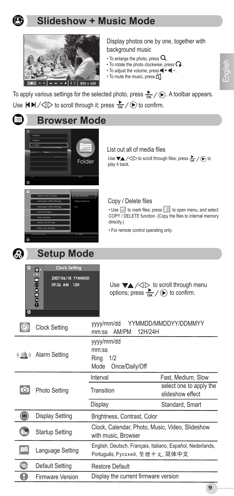 Slideshow + music mode, Browser mode, Setup mode | English, Copy / delete files, Use to scroll through it; press to confirm | VIEWSONIC VS12207 User Manual | Page 9 / 12