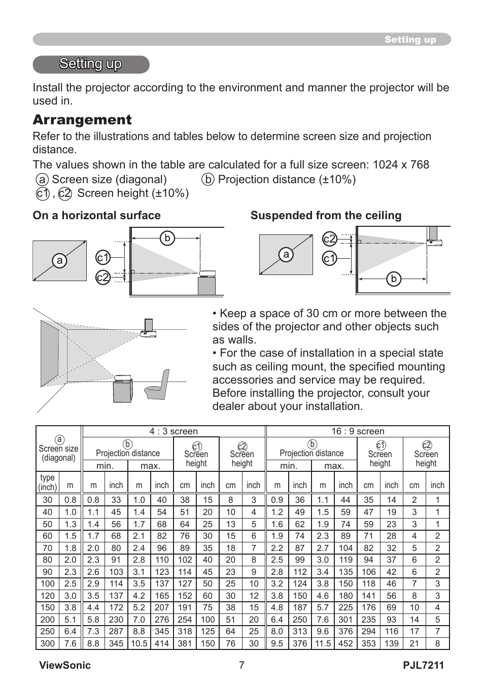 Arrangement, Setting up | VIEWSONIC PJL7211 User Manual | Page 12 / 71