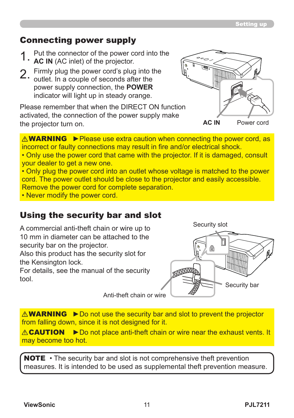 Connecting power supply, Using the security bar and slot | VIEWSONIC PJL7211 User Manual | Page 16 / 71