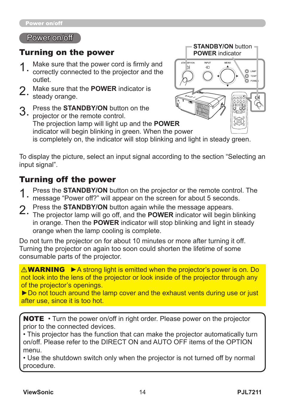 Turning on the power, Power on/off, Turning off the power | VIEWSONIC PJL7211 User Manual | Page 19 / 71