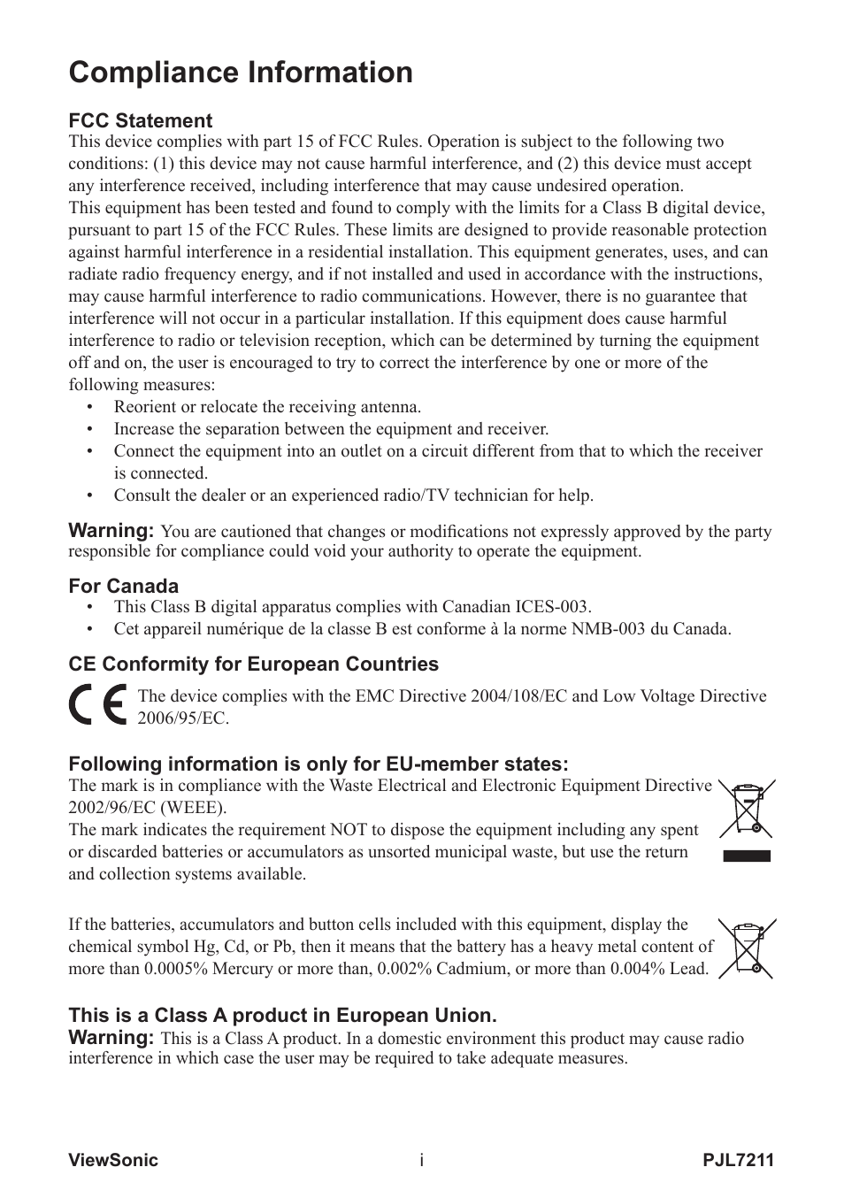Compliance information | VIEWSONIC PJL7211 User Manual | Page 2 / 71