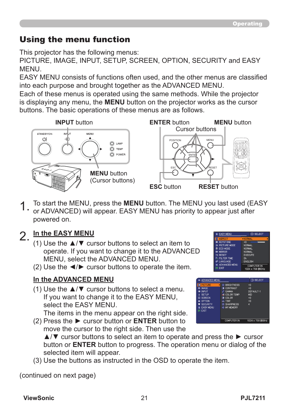Using the menu function, Continued on next page), Pjl7211 viewsonic | Menu button (cursor buttons), Esc button, Input button, Operating | VIEWSONIC PJL7211 User Manual | Page 26 / 71
