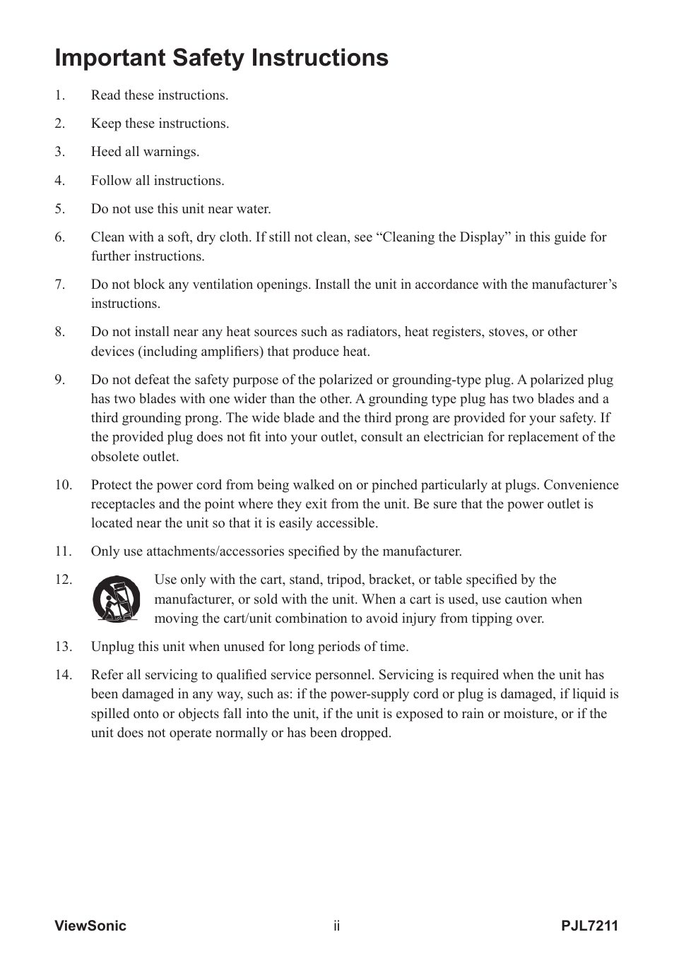 Important safety instructions | VIEWSONIC PJL7211 User Manual | Page 3 / 71