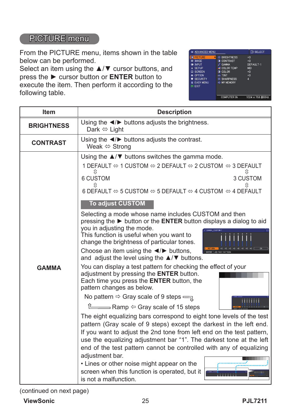 Picture menu | VIEWSONIC PJL7211 User Manual | Page 30 / 71