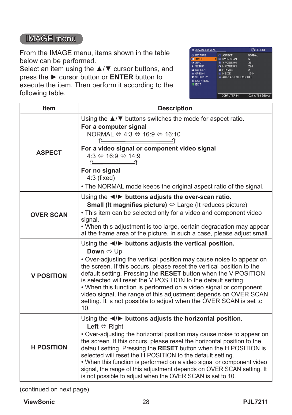 Image menu | VIEWSONIC PJL7211 User Manual | Page 33 / 71