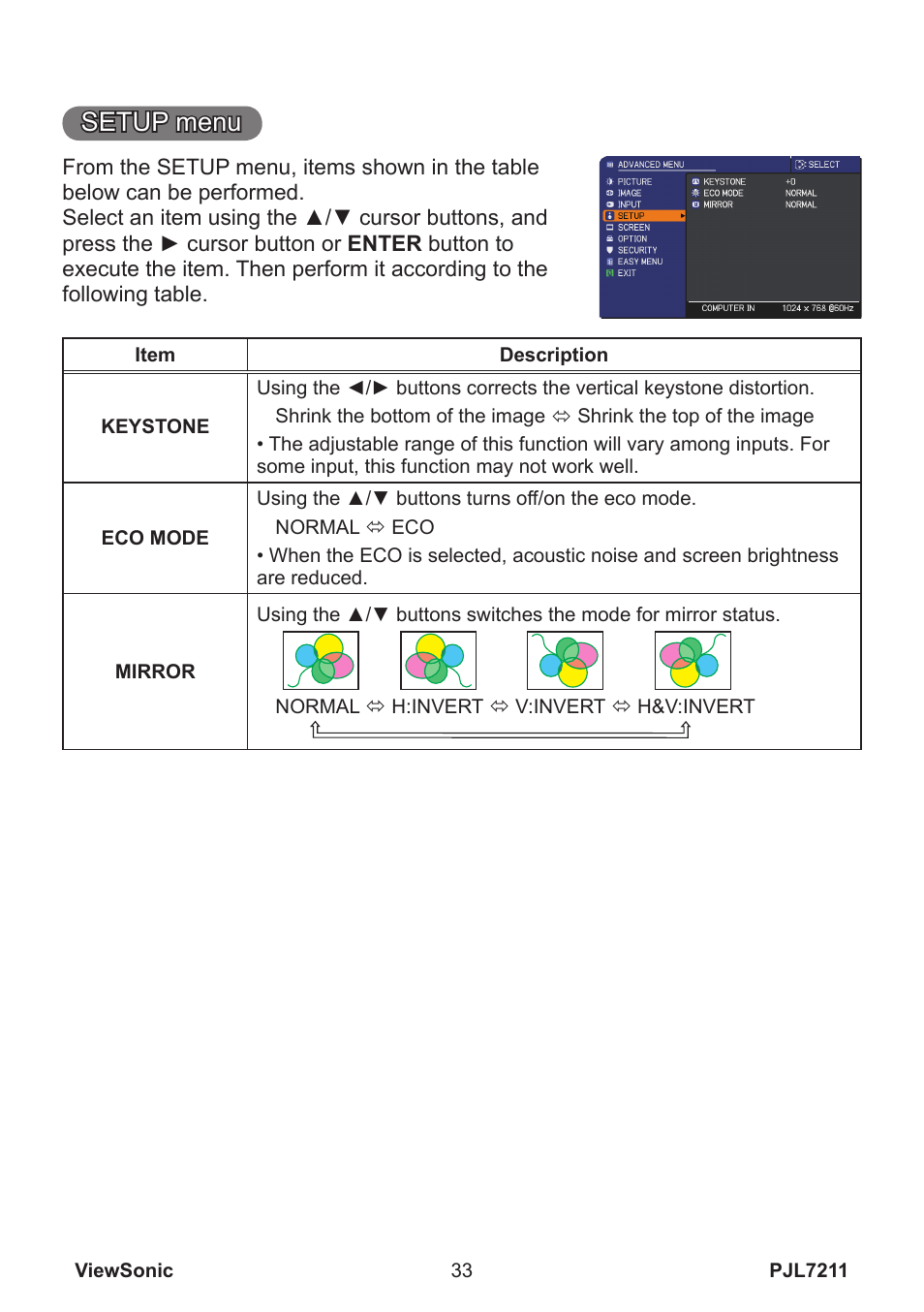 Setup menu | VIEWSONIC PJL7211 User Manual | Page 38 / 71