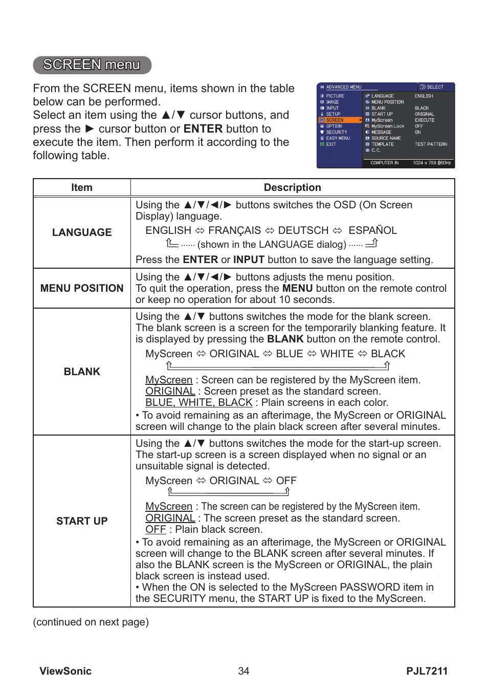 Screen menu | VIEWSONIC PJL7211 User Manual | Page 39 / 71