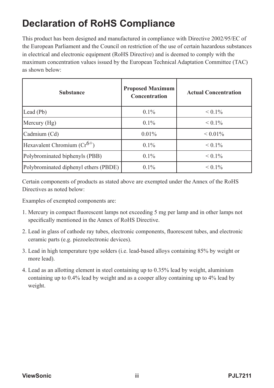Declaration of rohs compliance | VIEWSONIC PJL7211 User Manual | Page 4 / 71