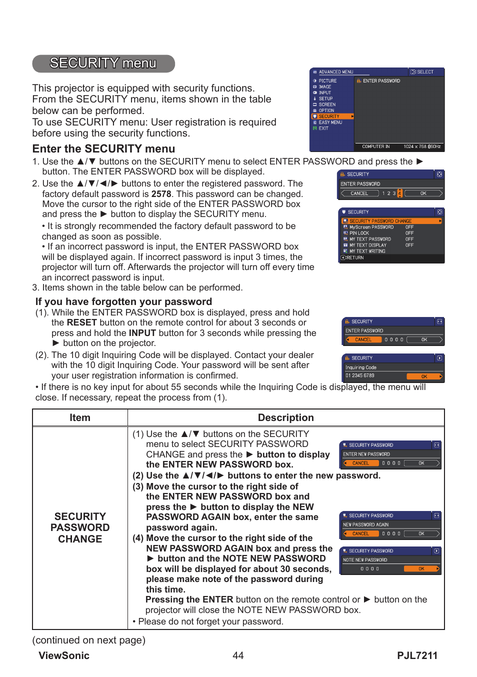 Security menu | VIEWSONIC PJL7211 User Manual | Page 49 / 71