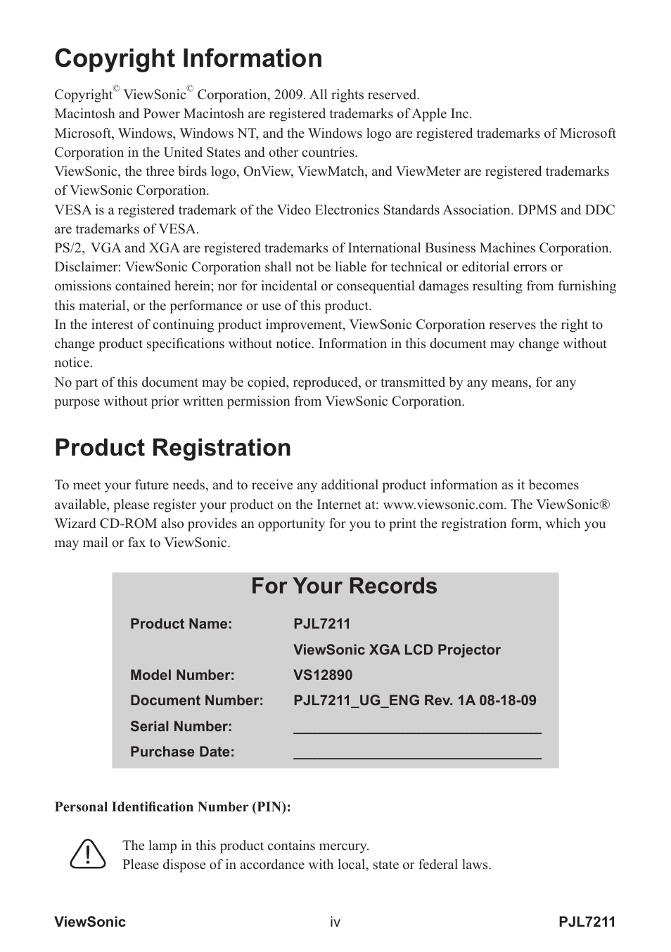 Copyright information, Product registration, For your records | VIEWSONIC PJL7211 User Manual | Page 5 / 71