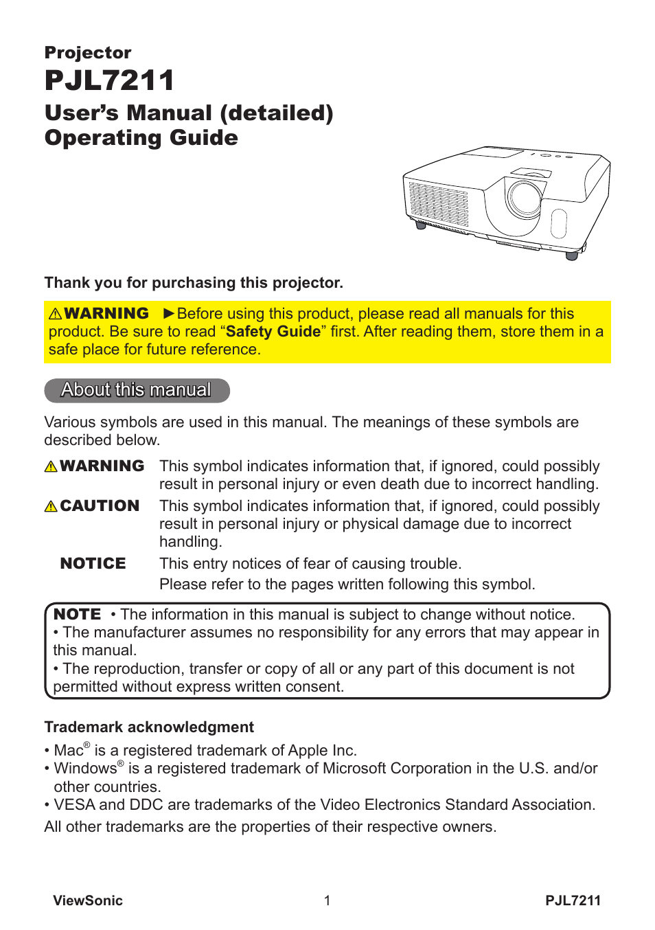 Pjl7211, User’s manual (detailed) operating guide, About this manual | VIEWSONIC PJL7211 User Manual | Page 6 / 71
