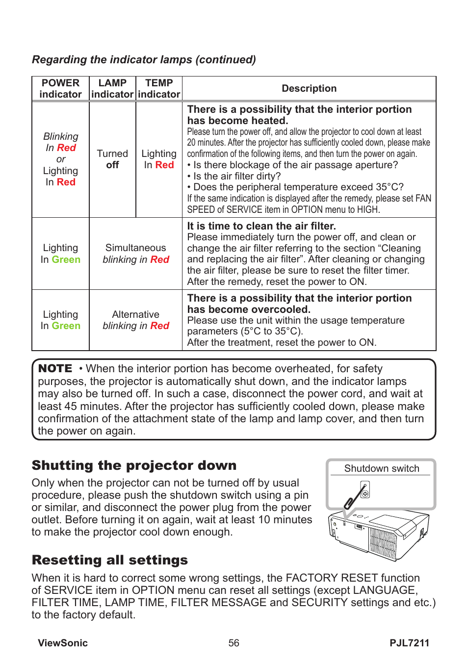 Shutting the projector down, Resetting all settings | VIEWSONIC PJL7211 User Manual | Page 61 / 71