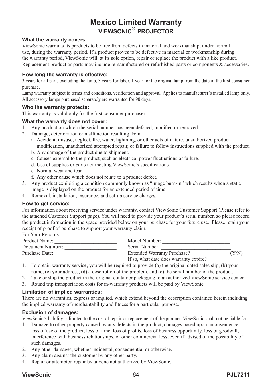 Mexico limited warranty | VIEWSONIC PJL7211 User Manual | Page 69 / 71