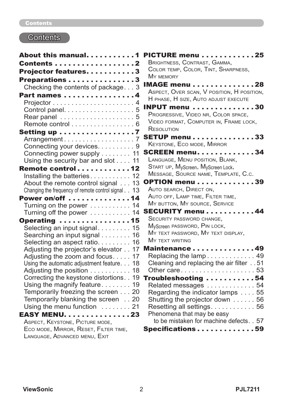 VIEWSONIC PJL7211 User Manual | Page 7 / 71