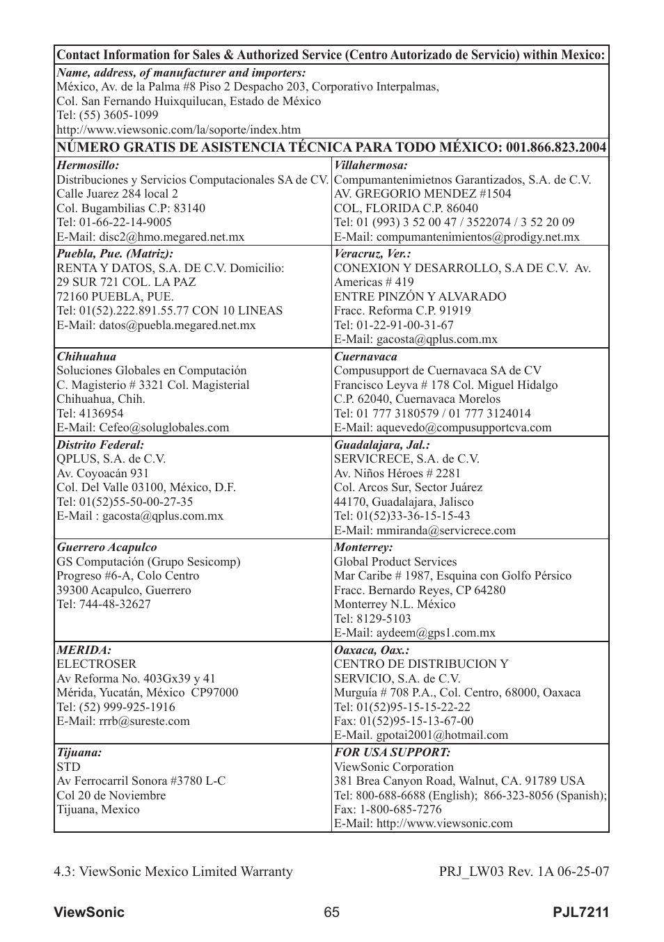 VIEWSONIC PJL7211 User Manual | Page 70 / 71